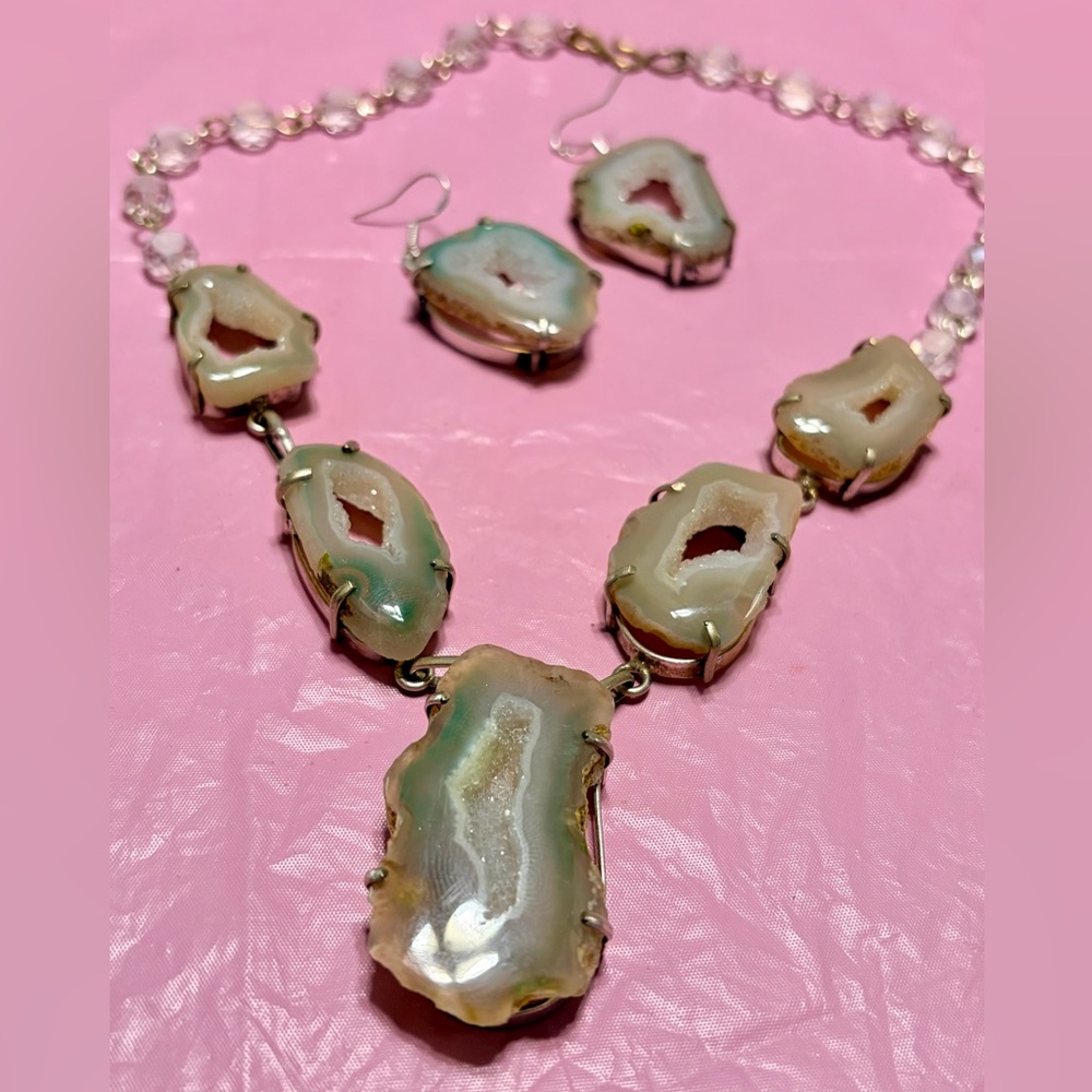 Sterling silver Agate Slice quartz Necklace Earring Set